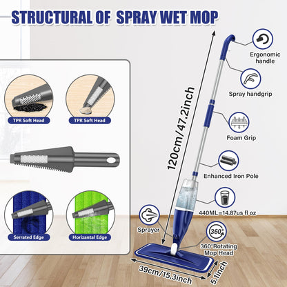 Microfiber Spray Mop for Floors Cleaning: Wet Dry Hardwood Floor Mops with 3 Washable Reusable Pads for Swiffer Powermop - Flat Mop with Sprayer for Tile Wood Laminate Vinyl Marble