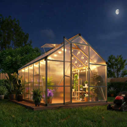 8x12 FT Greenhouse, Greenhouses for Outside, Polycarbonate Greenhouse with Aluminum Frame, Lockable Door and Ajustable Roof Vent for Backyard, Green Houses for Outside Garden Backyard, Patio