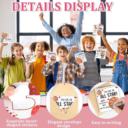 Hedeey 48 Pack Valentines Day Cards for Kids Classroom Basketball Valentine's Day Exchange Greeting Cards with Envelopes and Heart Stickers for Kids Classroom School Party Favors 4.3 * 4.3 inch