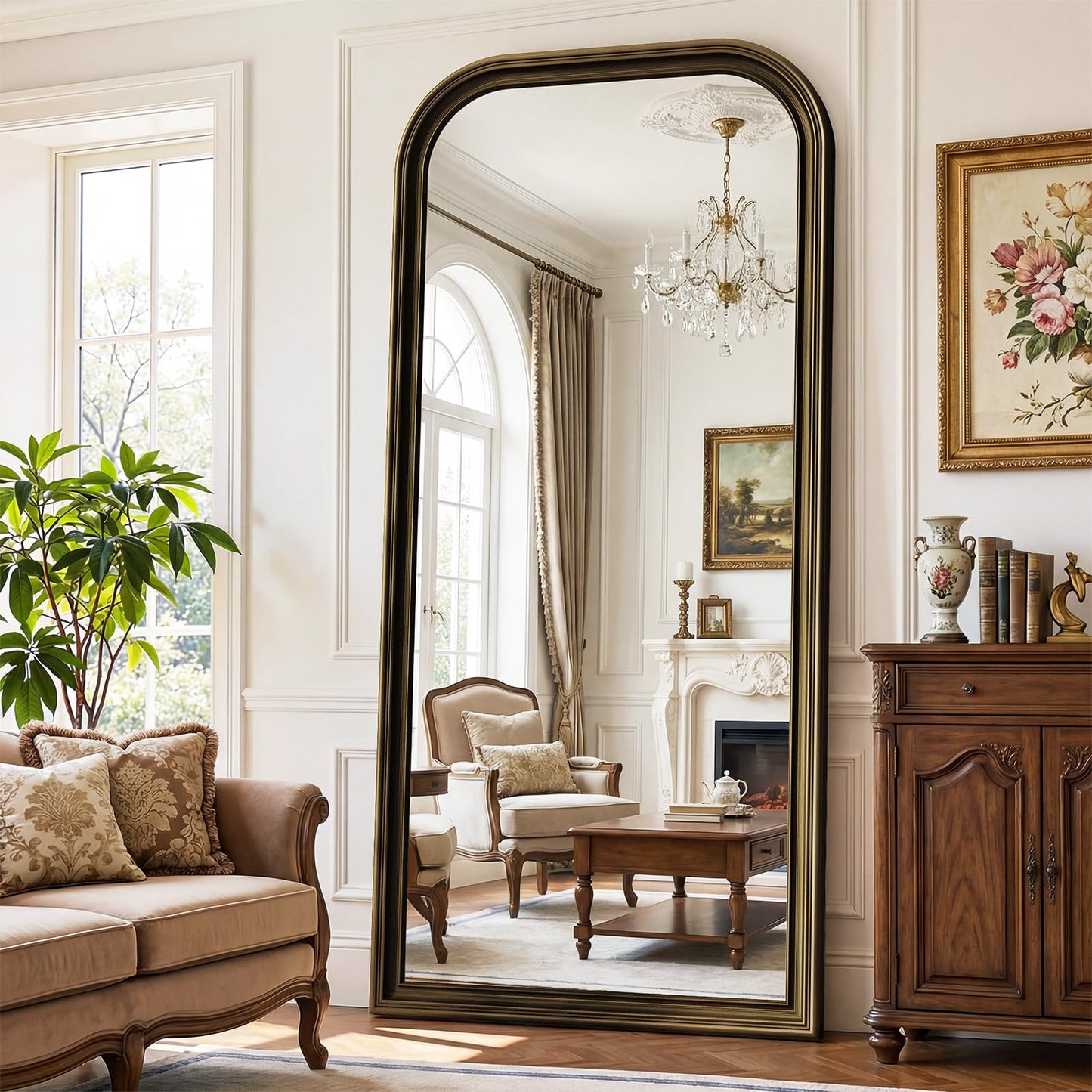FlyEcho Full Length Mirror with Stand, 71"x32" Full Body Mirror, Floor Length Mirrors Wall Mounted with Rounded Top, Large Standing Mirrors, PU Frame, for Bedroom Living Room Cloakroom, Antique Bronze