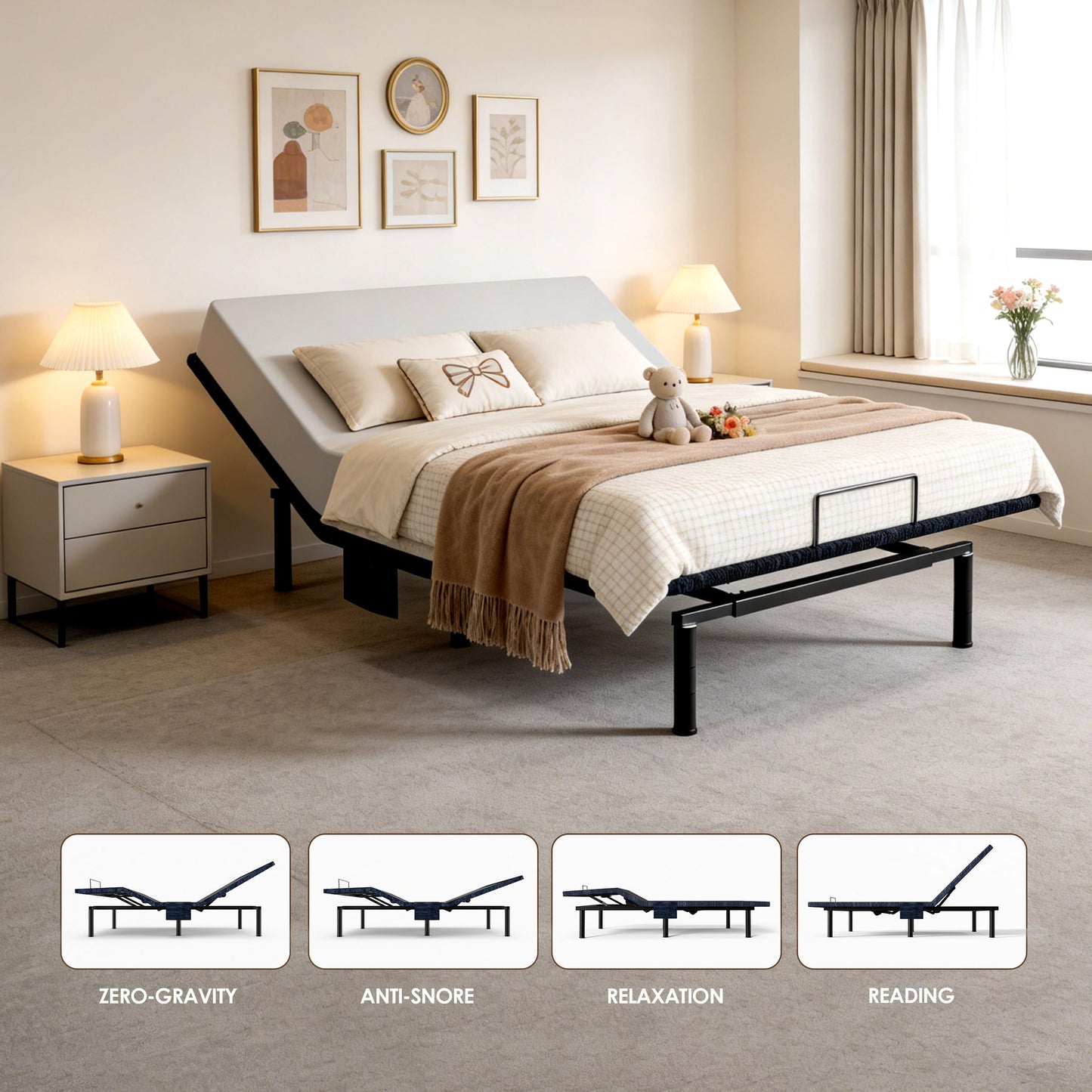 Zhumeiling Patented Design Full Adjustable Bed Frame, Ergonomic Electric Foldable Bed Base with Wireless Remote, Head and Foot Incline, Zero Gravity& Anti-Snore, Ideal for Small Spaces & Elderly Use