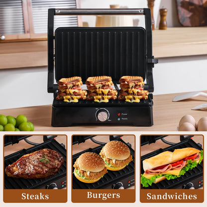 Panini Press Grill Sandwich Maker, Large Electric 3 in 1 Panini Sandwich Maker Grill, Open 180 Degrees for Grill Indoor, Perfect for Grilling Steaks, Burger, Sandwich,Non-stick Pan