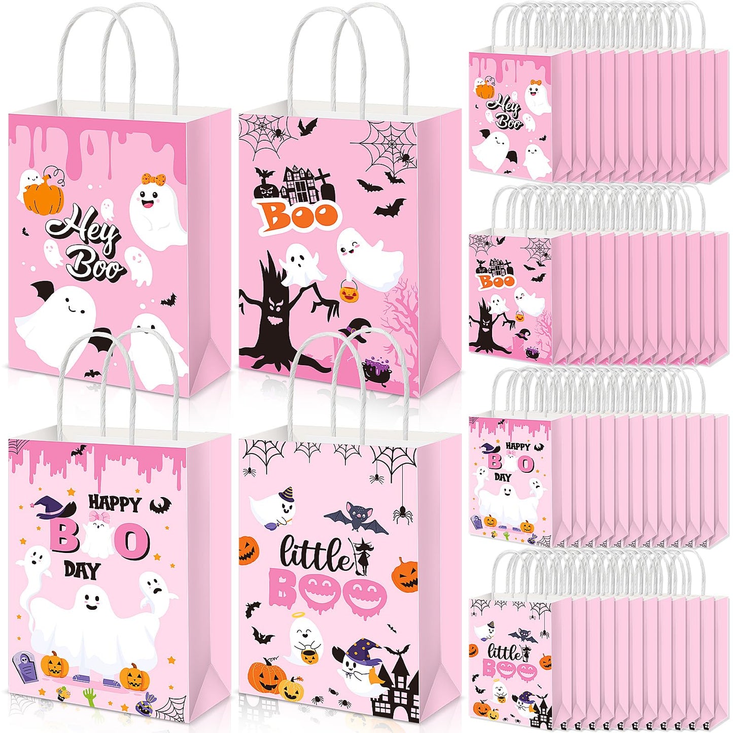 Kolldenn 48 Pink Halloween Snack Bags with Handle Hey Boo Treat Bags Bulk Pink Party Favors for Halloween Parties & Decor