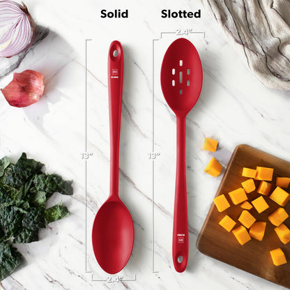 DIORO Silicone Mixing & Serving Spoons - Large Heat-Resistant Non Stick Utensils Big Solid & Slotted Basting & Stirring Spoons - Dishwasher Safe (2pc, Red)