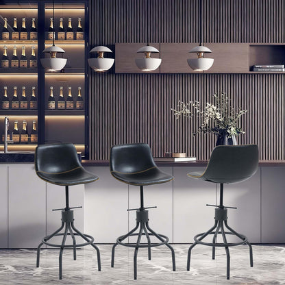 CHIDOCHILO Swivel Bar Stools Set of 3, Adjustable Industrial Kitchen Island Barstools with Back 26 Inch Faux Leather Armless Counter Height Bar Chairs for Dining Room Home Bar D087-Black-3