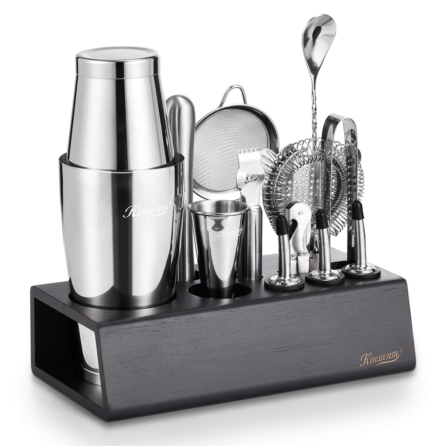 KITESSENSU Boston Shaker Set Mixology Bartender Kit | Premium Cocktail Shaker Kit with Stand Professional Home Bar Tools Accessories: Martini Shaker, Citrus Tools, Fine Mesh Strainers, Muddler, Jigger