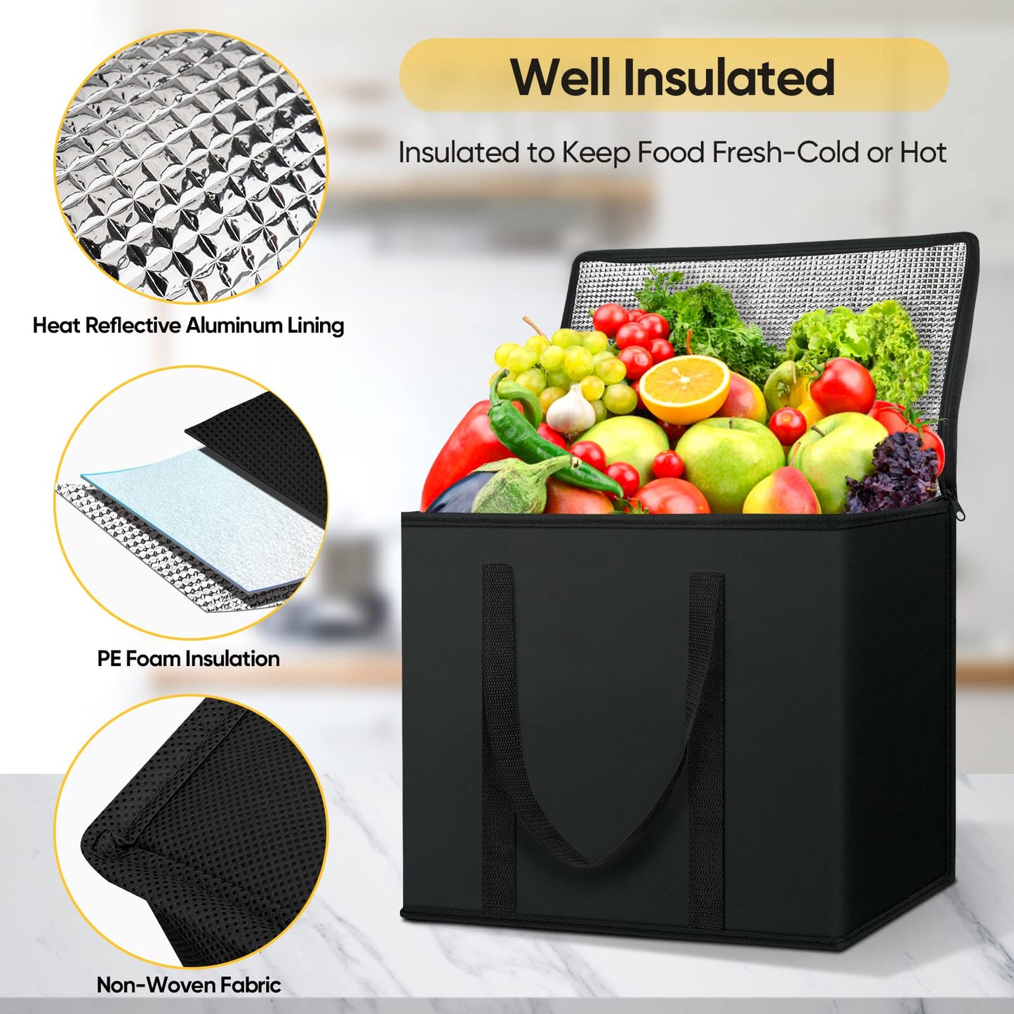 BALEINE 2Pk Insulated Reusable Grocery Bags, Collapsible Cooler Bag for Groceries, Heavy Duty Large Insulated Bag (16''x9''x13'', Charcoal Black)