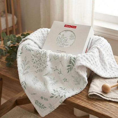 GLLQUEN Baby Blanket - Soft Muslin Cotton Front & Dotted Fleece Backing | Unisex Greenery, 30 x 40 Inches