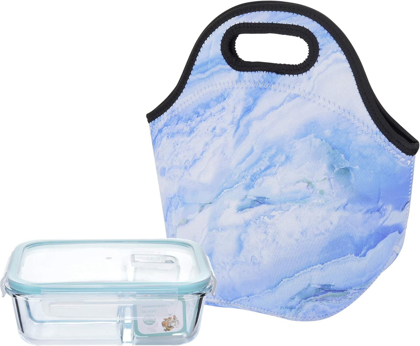 CM Soft Neoprene Tote Picnic Bag Lunch Container Organizer for Outdoor Travel (Blue Marble Pattern)