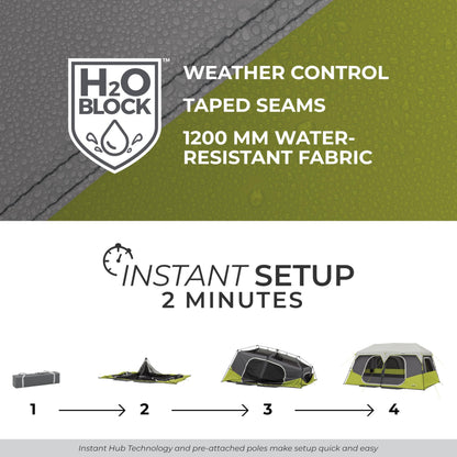 CORE 10 Person Instant Cabin Tent | Large Multi Room Family Pop Up Tent for 2 Minute Camp Setup | Included Storage Pockets for Camping Accessories