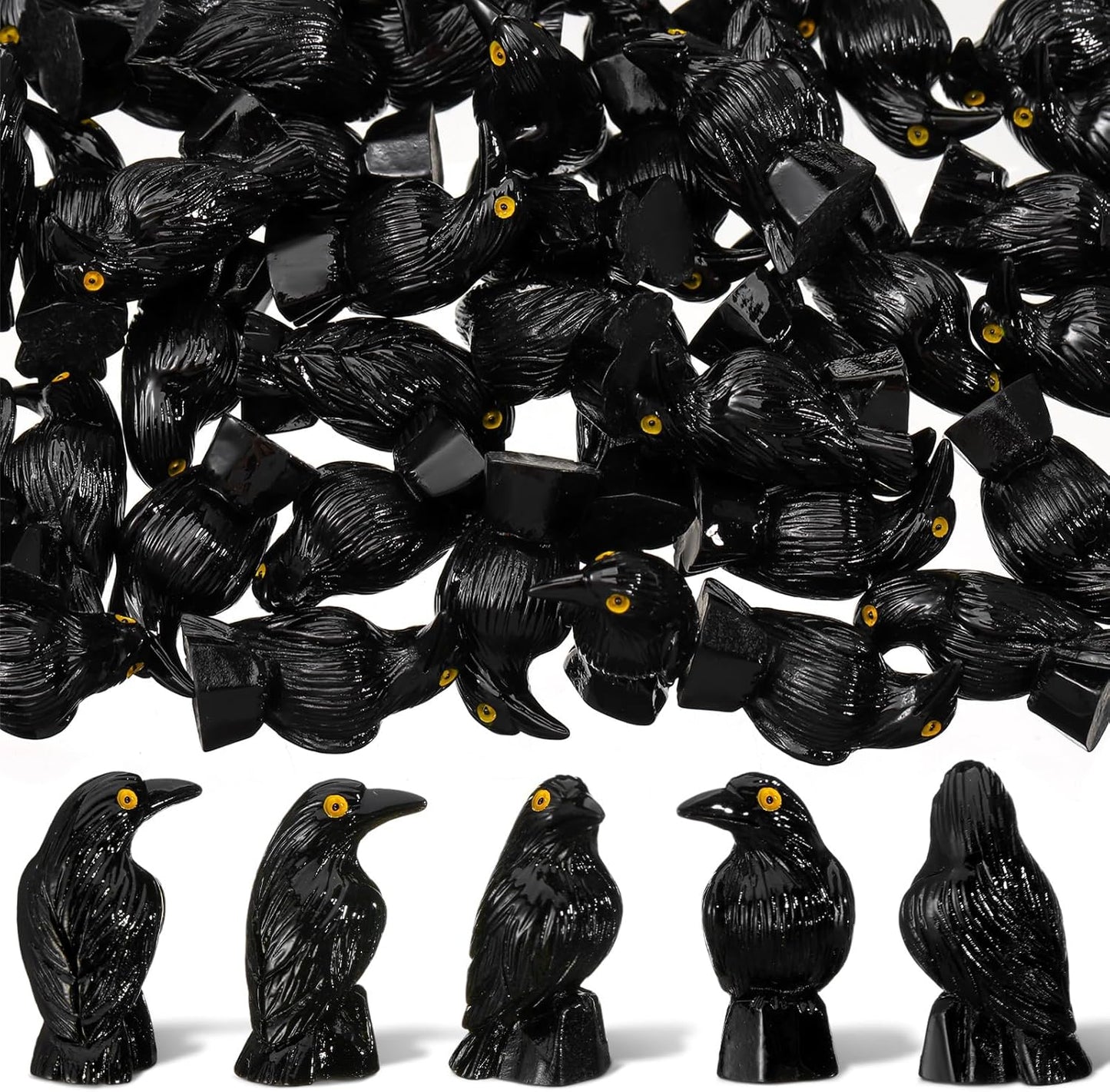 Skiennix Miniature Crows Decor - 150 Pcs Black Resin Raven Figurines for Spooky Holiday Scenes
