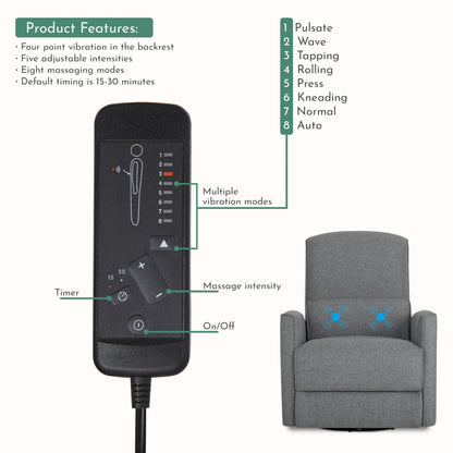 Evolur Belmont Nursery Glider Chair with Massager in Cosmic Grey, Power Recliner with 275° Swivel, Lumbar Support Modern Rocking Chair for Baby Room, Nursery & Living Room