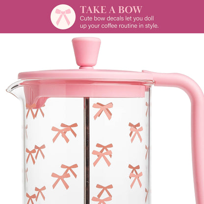 Paris Hilton Bow Design French Press and Frother Coffee Gift Set, Includes a 8-Cup Coffee Press and Battery Operated Handheld Milk Frother, 2-Piece Set, Pink