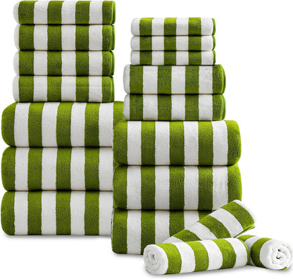18 Set Loop-6 Towels,6 Towels,6 Set Pcs Green Stripe Bath Towel with Hanging Bath Hand Washcloths Soft Family Towels