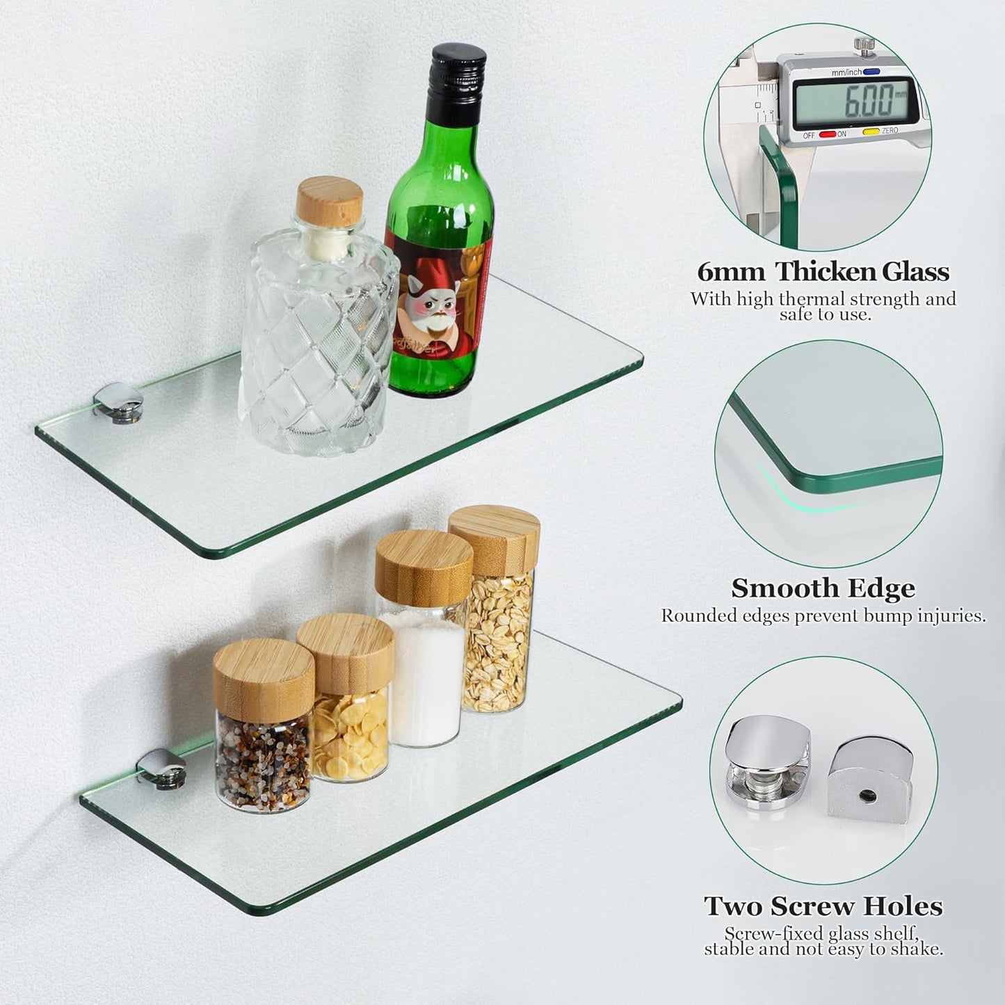 12 Inch Set 2, SAYAYO Glass Floating Shelves for Wall, Tempered Glass Shelves for Bathroom, Living Room, Bedroom