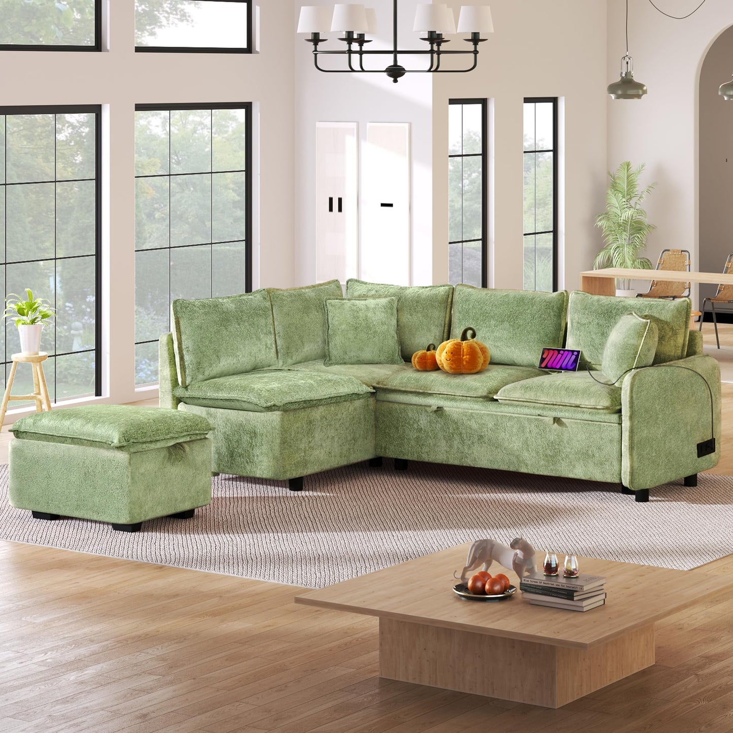 Merax Sectional Convertible Sofa Bed with Storage Ottoman, 2 Pillows, 2 Power Sockets and 2 USB Ports, Modular Sleeper Couch