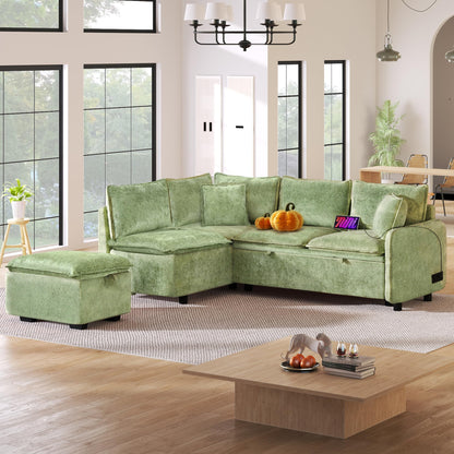 Merax Sectional Convertible Sofa Bed with Storage Ottoman, 2 Pillows, 2 Power Sockets and 2 USB Ports, Modular Sleeper Couch