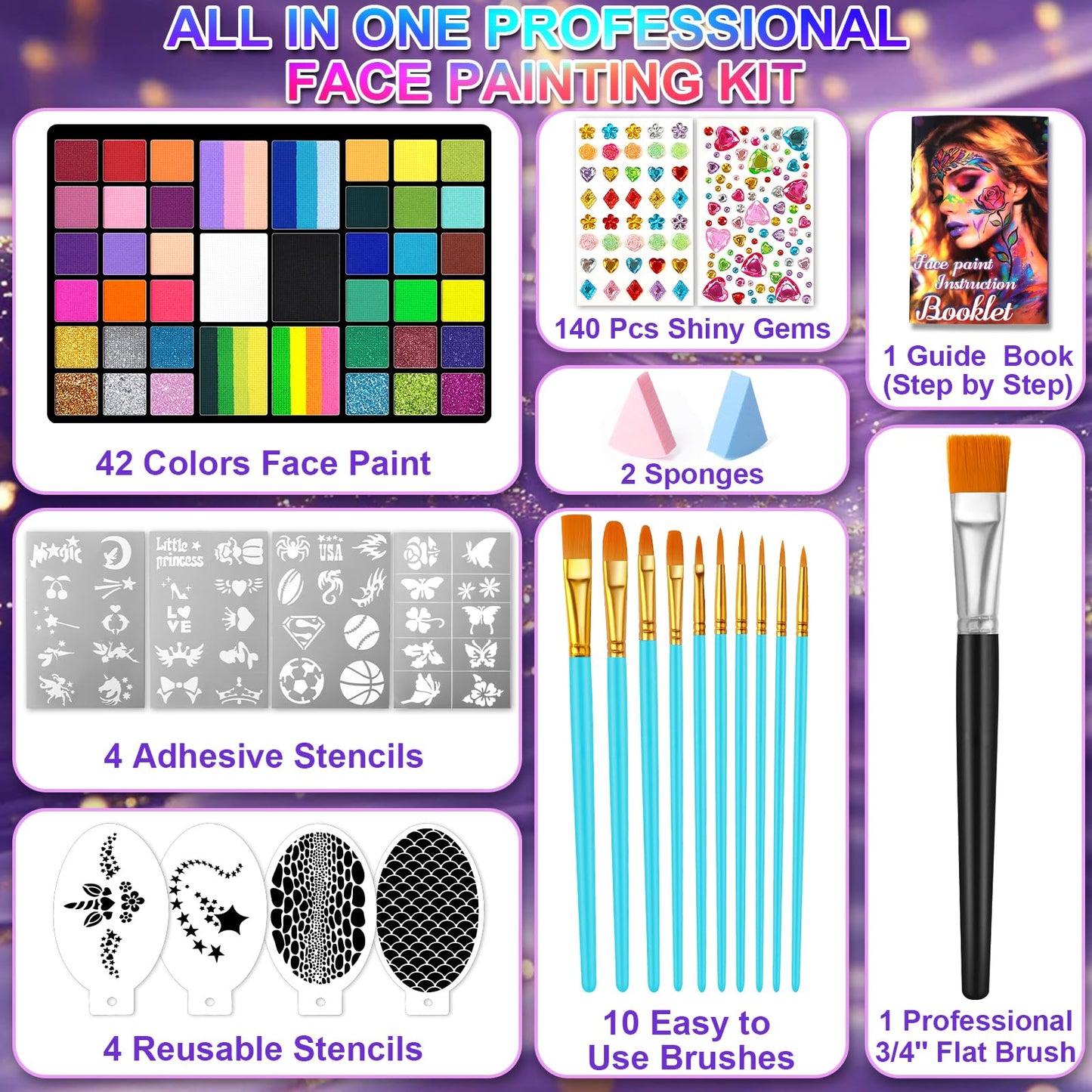 Fenmay Face Painting Kit for Kids - 42 Colors, Non-Toxic and Hypoallergenic, Stencils, Book, Brush, Sponge, and Professional Face Paint Makeup Palette- Safe and Easy to Use