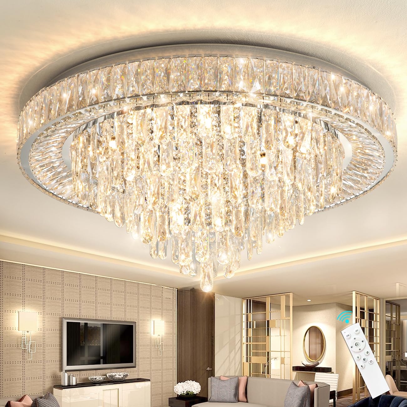 dolria Modern Chandeliers for Living Room Crystal Ceiling Light Fixture LED Dimmable Lamp with Remote Pendant Lighting Flush Mount Ceiling Lighting for Dining Room Bedrooms