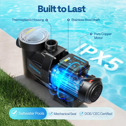 VIVOHOME Self Primming in/Above Ground Swimming Pool Pump w 1.25'' & 1.5" & 2.0'' Unions Energy Saving w/Strainer Baske, 7140 GPH