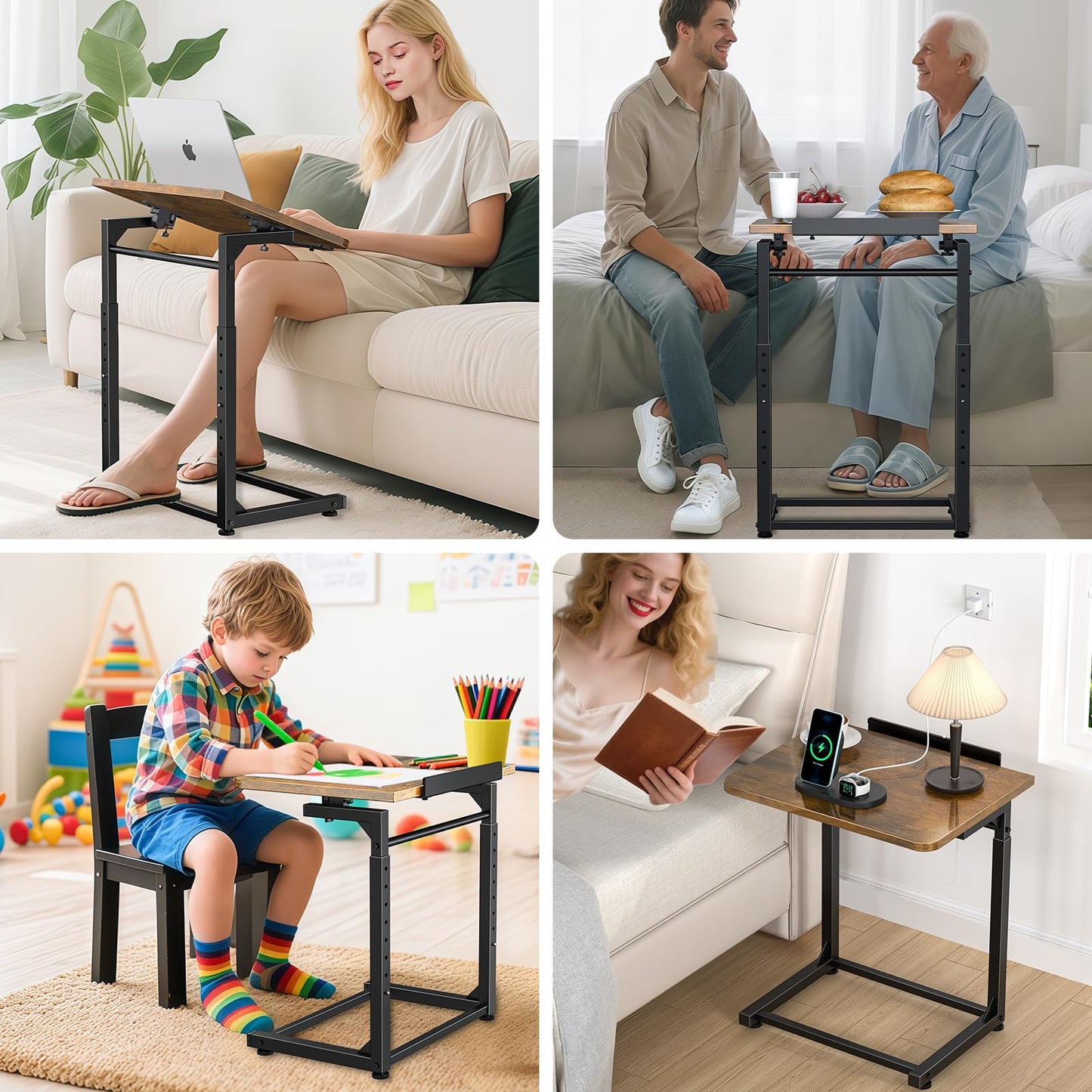Tv Tray Table Set of 2, 8-Level Adjustable Height Couch Side Table，90° Tilt Angle Adjustments C-Shaped End Table, with Phone & Tablet Slot Sofa Computer Desk for Couch, Sofa, Bed, Chair, Living Room