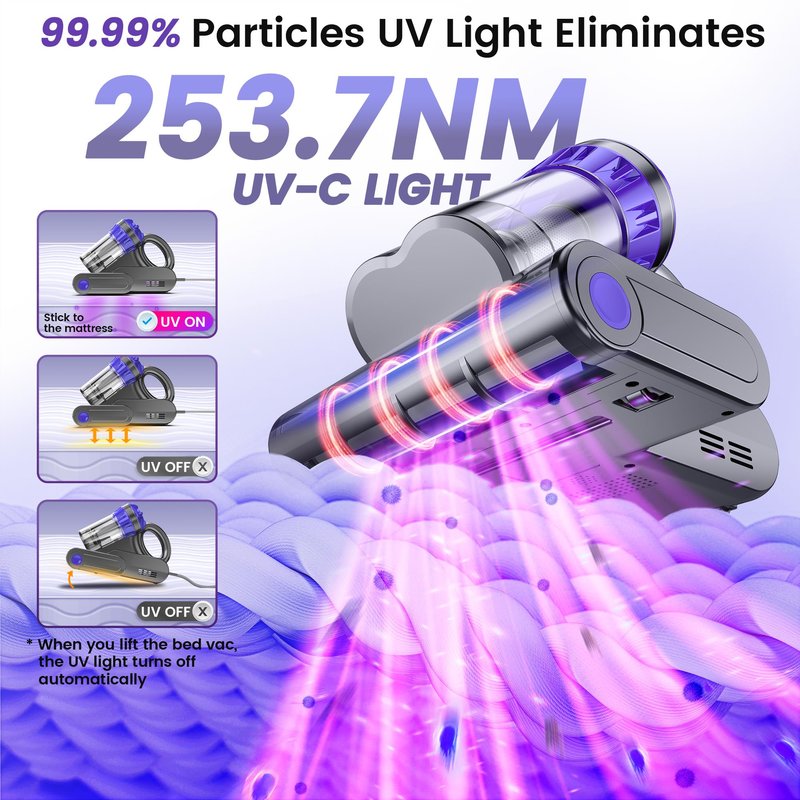 Yassol Mattress Vacuum Cleaner, Handheld Bed Vacuum Cleaner with 16Kpa Suction, 253.7nm UV-C Light, 149℉ Hot Air, Double-Cup Handheld Vacuums for Bed, Sofa, Couch, Crib (Corded, 550W)
