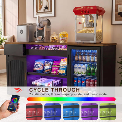 GDLF Snack Bar Cabinet with Fridge Space, 70.1" Snack Organizer with Storage and Candy Display Shelf, Coffee Station for Home Theater or Game Room with LED Lights, Black