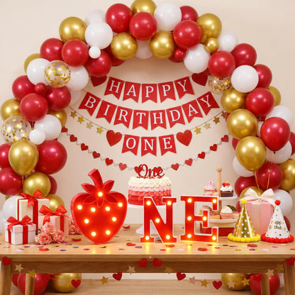 Honoson 3 Pcs Berry First Birthday Decor Strawberry Party Decorations LED Light up One Letter Sign Marquee String 1st Birthday Photo Prop Decor Sweet One Party Supplies(Strawberry)