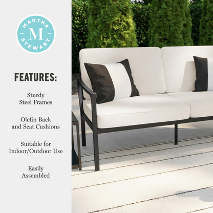 Martha Stewart Lily Pond All-Weather Patio Loveseat with Elevated Backrest Design and Steel Frame in Black with Cream Cushions