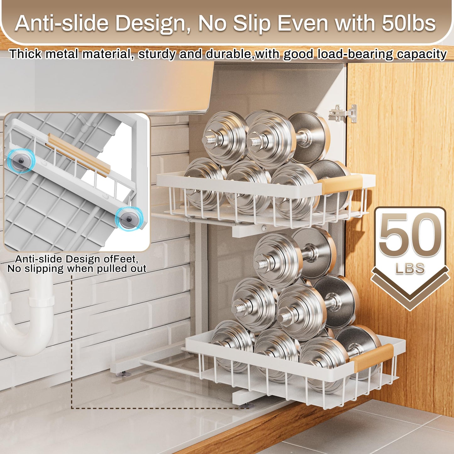 ADBIU Under Sink Organizer 2 Pack, Adjustable Height (11"-15.75") Under Cabinet Storage, 2 Tier Pull Out Sliding Drawers for Kitchen Bathroom, Heavy Duty Metal Shelf, White
