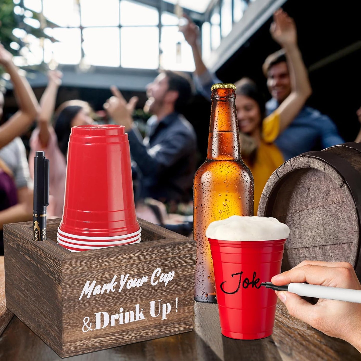 Wooden Cup Holder, Rustic Party Cup Holder with Marker Slot for Bar, Kitchen, Countertop, Home & Office