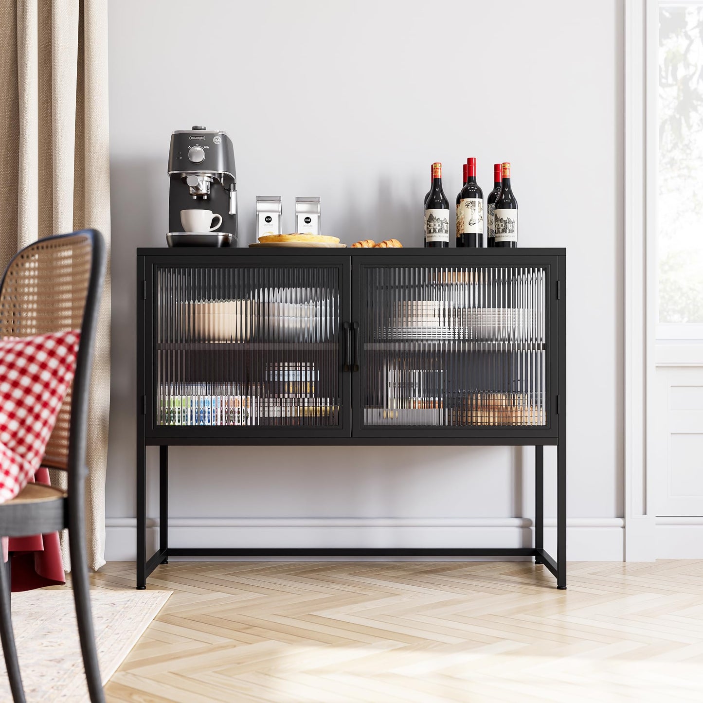GAOMON Buffet Cabinet with Glass Doors, Sideboard Cabinet with Adjustable Shelves, Freestanding Glass Doors Storage Cabinet for Kitchen, Living Room, Dining Room, Black