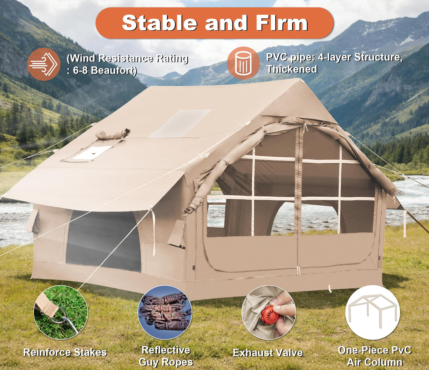 Inflatable Tents for Camping with Stove Jack,4-6 Person Easy Setup Blow Up Tents for 4 Seasons Waterproof Inflatable Camping Tent with Clear Skylight, Air House Glamping Tents for Adult