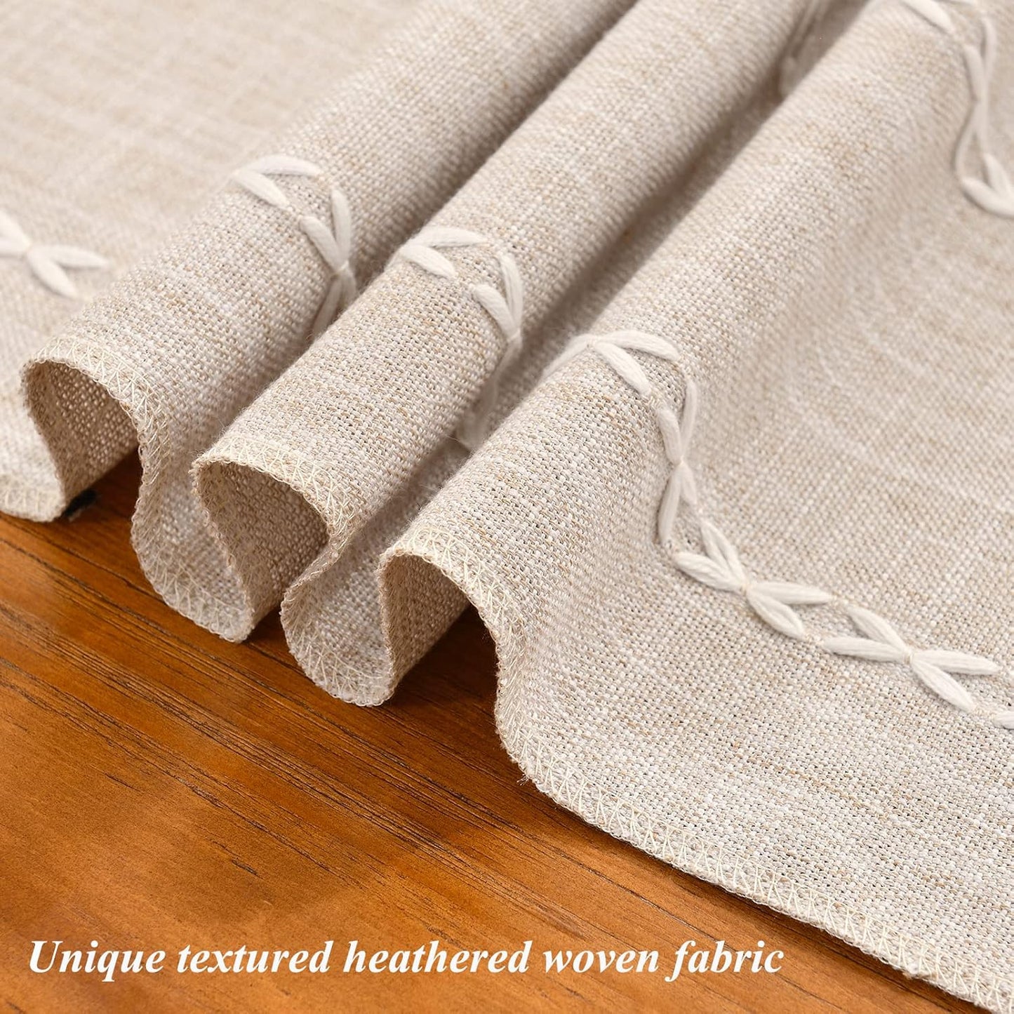 Wracra Rustic Linen Table Runner, 72 inches Long Embroidered Fall Table Runner with Hand-Tassels, Light Coffee, 13"×72"