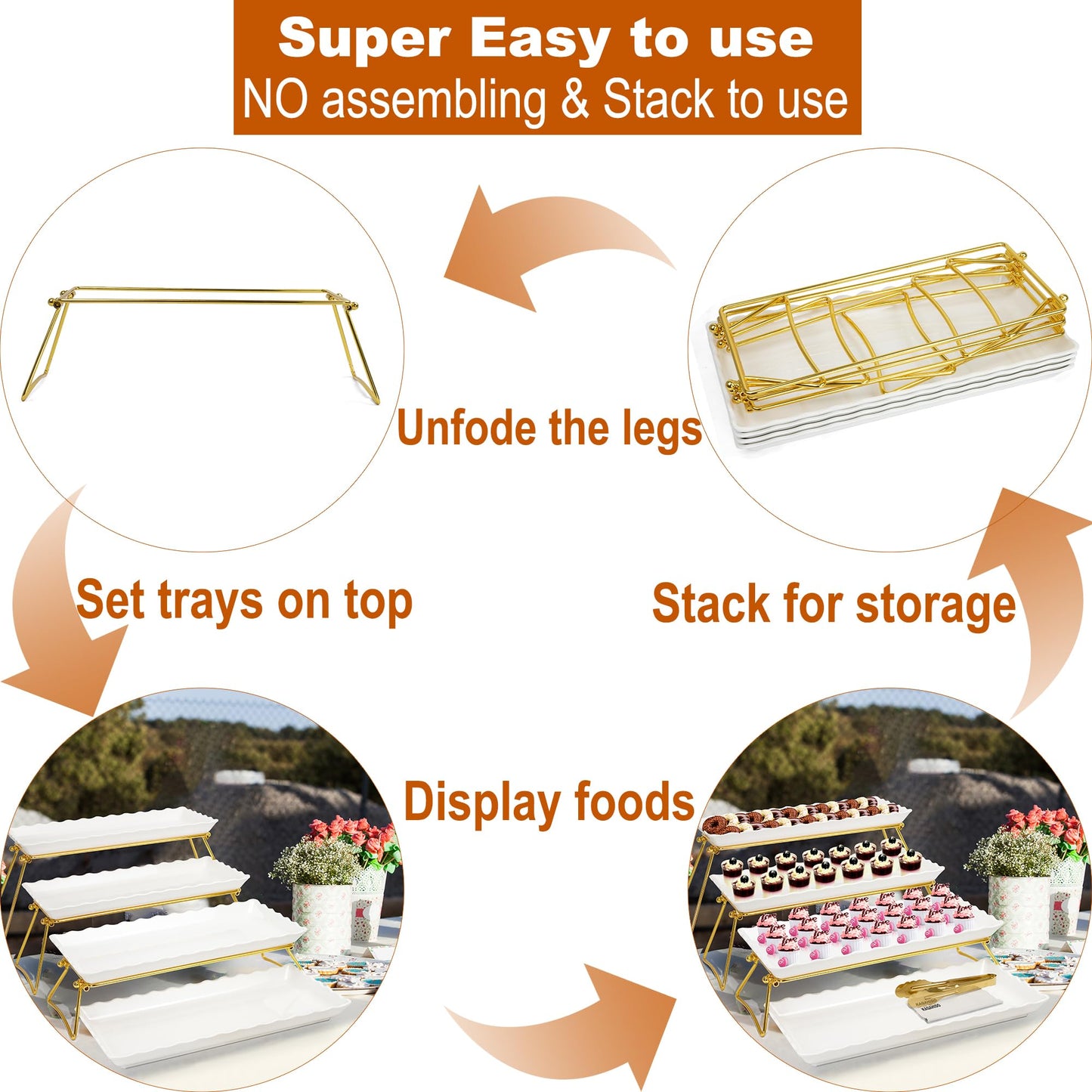 KAQAHIDO Extra Large 4 Tier Serving Tray Set, 34x22x10 inch Wave Edge Melamine Dessert Table Display Set, Tiered Trays Stand for Party Buffet Entertaining, Gold and White