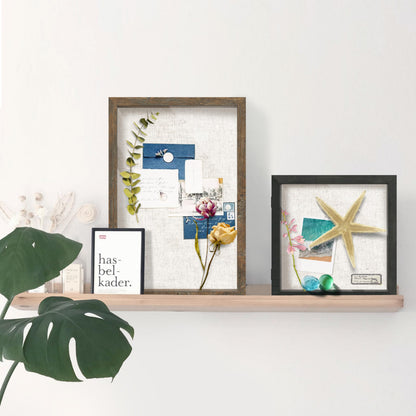 FrameWorks 8.5x11 Deep Shadow Box Frame, Wooden Display Case w. Linen Board & Tempered Glass Door - Brown Woodgrain - Medium - Wall Mounted