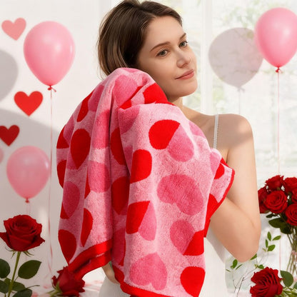 Whaline Valentine's Day Bath Towels Set of 6 Jacquard Cotton Bathroom Towel Red Pink Heart Hand Towel Wash Cloth for Holiday Hand Drying Shower Supplies