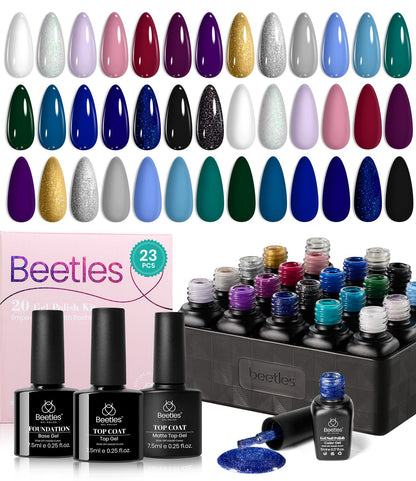 beetles Gel Polish Set - 23Pcs Macaroon Color Gel Nail Kit with Glossy Matte Top Coat Base Coat Yellow Pink White Purple Blue Glitter Bright Uv Nails Paradise Pastel Gel Halloween Gifts for Women