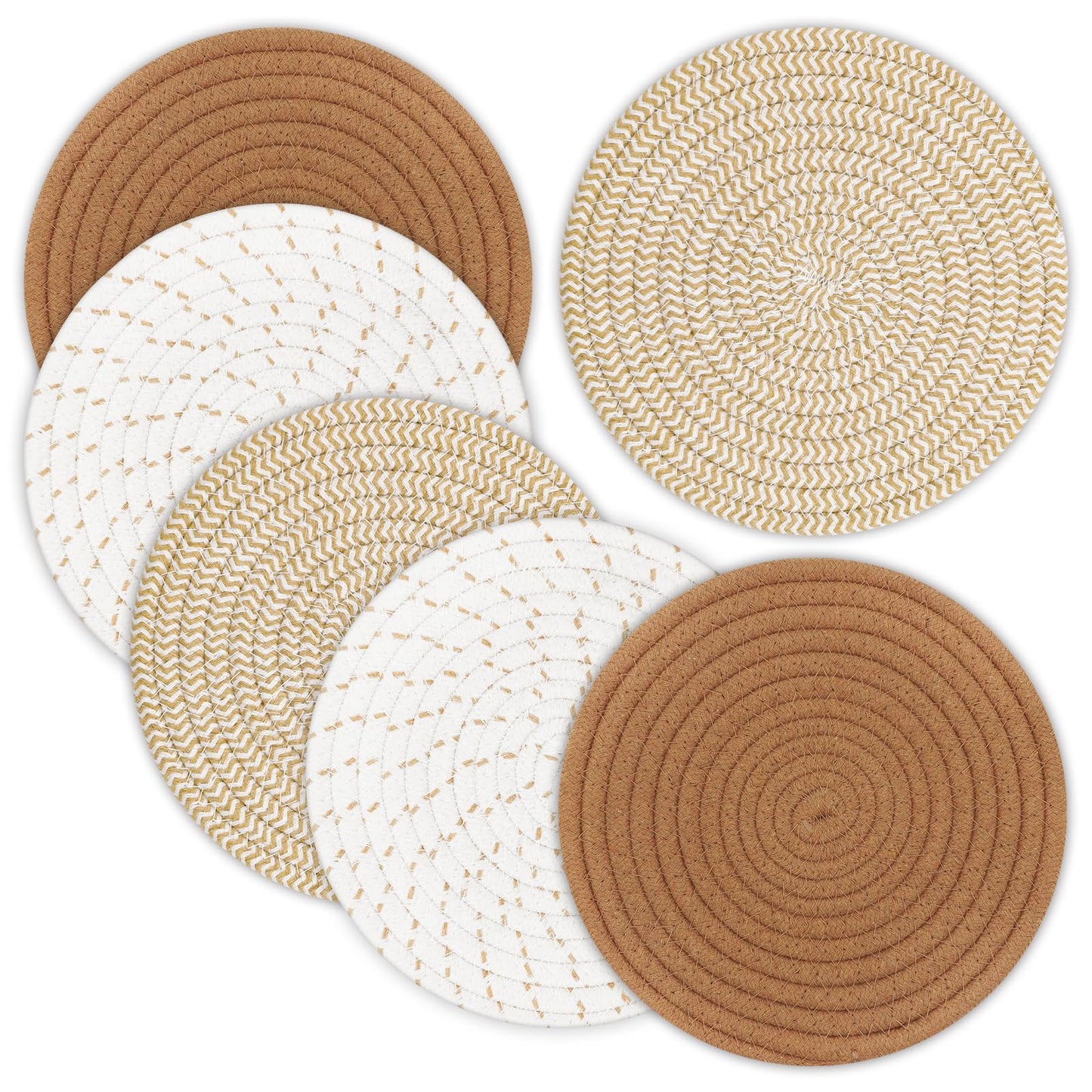 Trivets for Hot Dishes, Pots and Pans, 8 Inches Hot Pads 6 Pcs, Pot Holders for Kitchen, Heat Resistant Mat Protect Counter, Coasters Set Home Essentials Farmhouse Decor (Mix Brown)