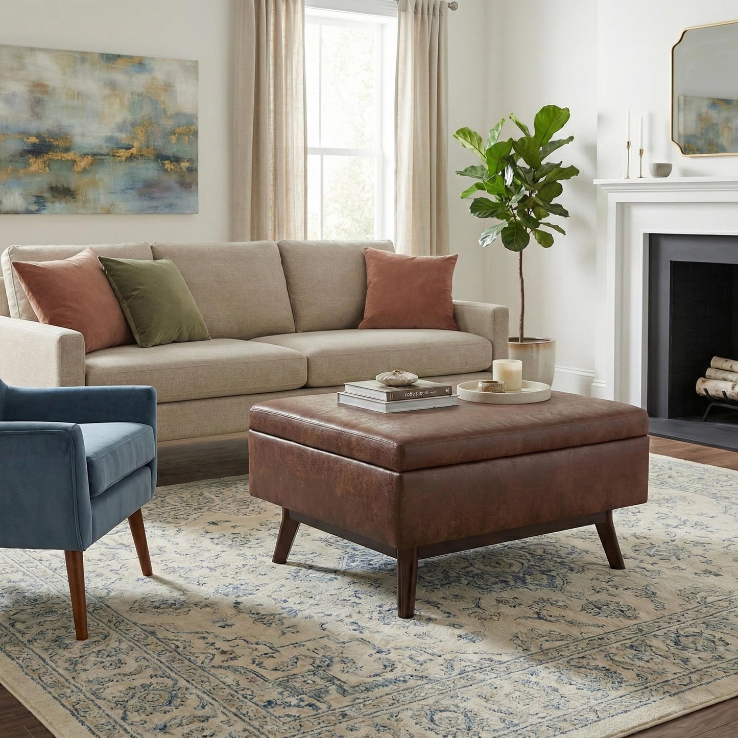 SIMPLIHOME Owen Coffee Table Storage Ottoman - 34" Wide x 19" High Upholstered Vegan Leather Rectangular Lift-Top Ottoman in Distressed Saddle Brown, Mid-Century Modern Bench with Tapered Legs