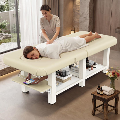 Extra Large 34 in × 80 in Folding Stationary Massage Table with Adjustable Backrest & Armpit Opening , Heavy-Duty Metal Frame Treatment Bed for Spa, Physical Therapy, Tattoo, Facial - Beige Gray