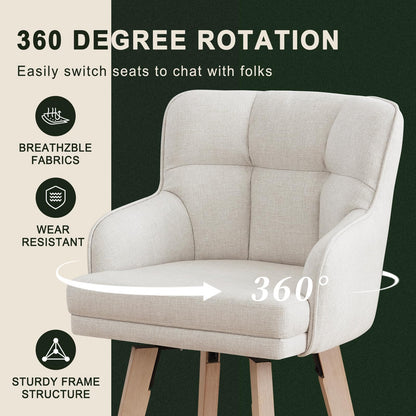 SAECKBERG 360°Swivel Counter Height Bar Stools with Back, 26 inch Solid Wood Legs, Bar Stool Modern Kitchen Island Chairs, Fabric (Beige- Fabric, 26" H- Set of 2)