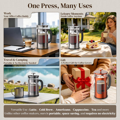 Veken French Press Coffee Maker 34oz, No Plastic Touching Cafe,Thickened Glass Stainless Steel Brewer, Cold Brew Cafetera Tea pot for Kitchen Travel Camping, Gifts, Decor, Bar Accessories, Dark Pewter