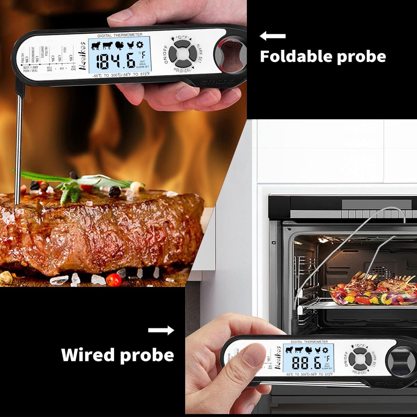 Digital Meat Food Thermometer - Instant Read Cooking Thermometer, Backlight, Built-in Magnet, Foldable Probe