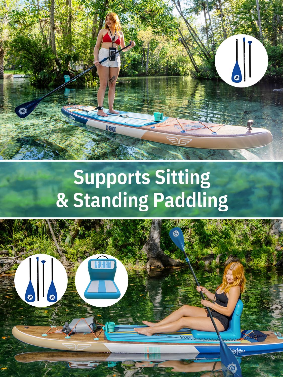 Niphean (Extra Large) Inflatable Paddle Board, SUP for 2+1 People/Family 500lbs Capacity Stand Up Paddle Board with SUP Accessories, StabilTrac Fin Non-Slip Paddleboard for Adults-Woven Wood