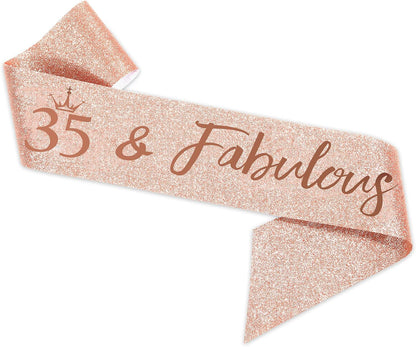35th Birthday Sash and Tiara for Women, Rose Gold Crown Sash and Tiara for Happy 35th Birthday Party Supplies