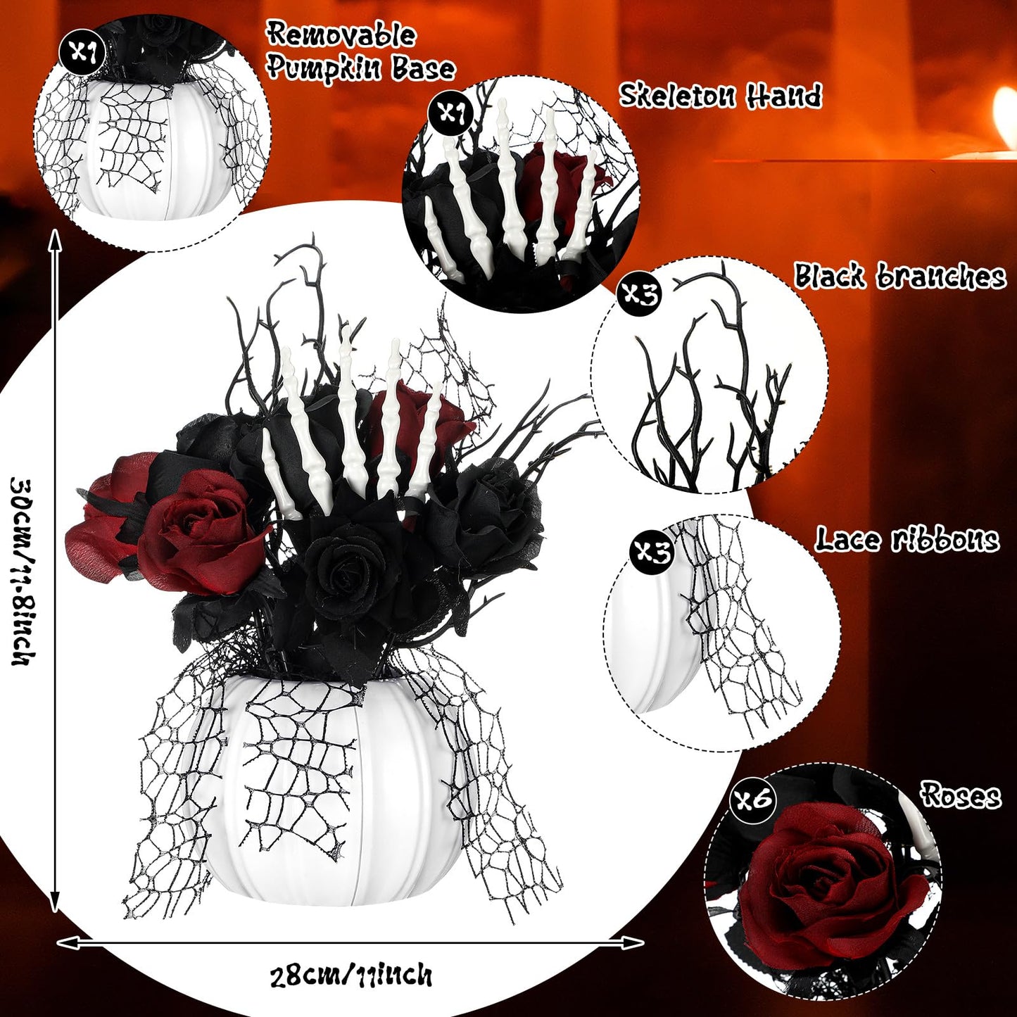 Chuangdi Halloween Table Centerpieces Decorations Halloween Table Artificial Flowers Decor Gothic Skeleton Hand with Black Red Fake Roses Removable Pumpkin Vase for Party Dining Photo Props