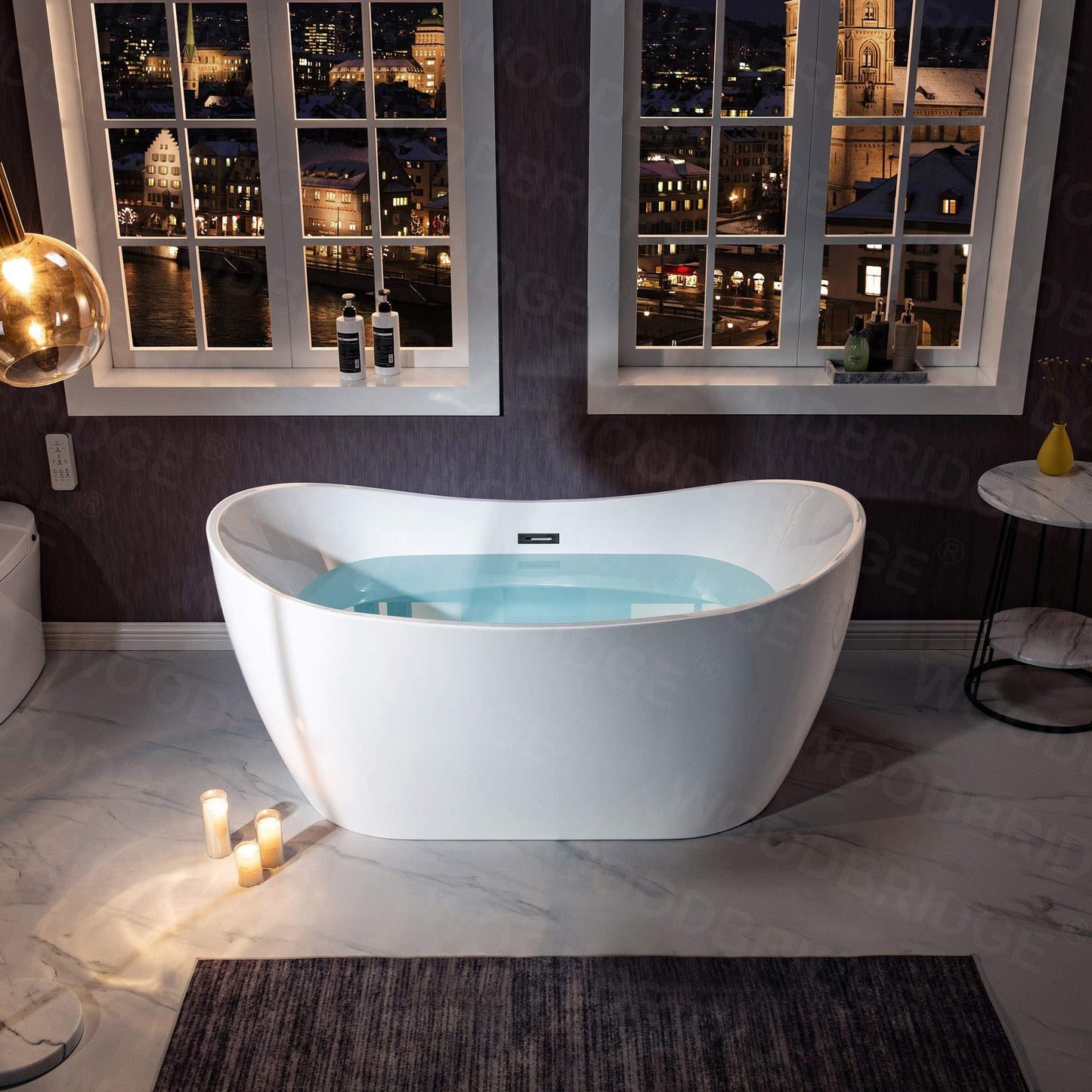 WOODBRIDGE B0016 C 59" Freestanding Bathtub Contemporary Soaking Tub, White Acrylic Drain/Overflow, B-0016 Chrome+ Pillow