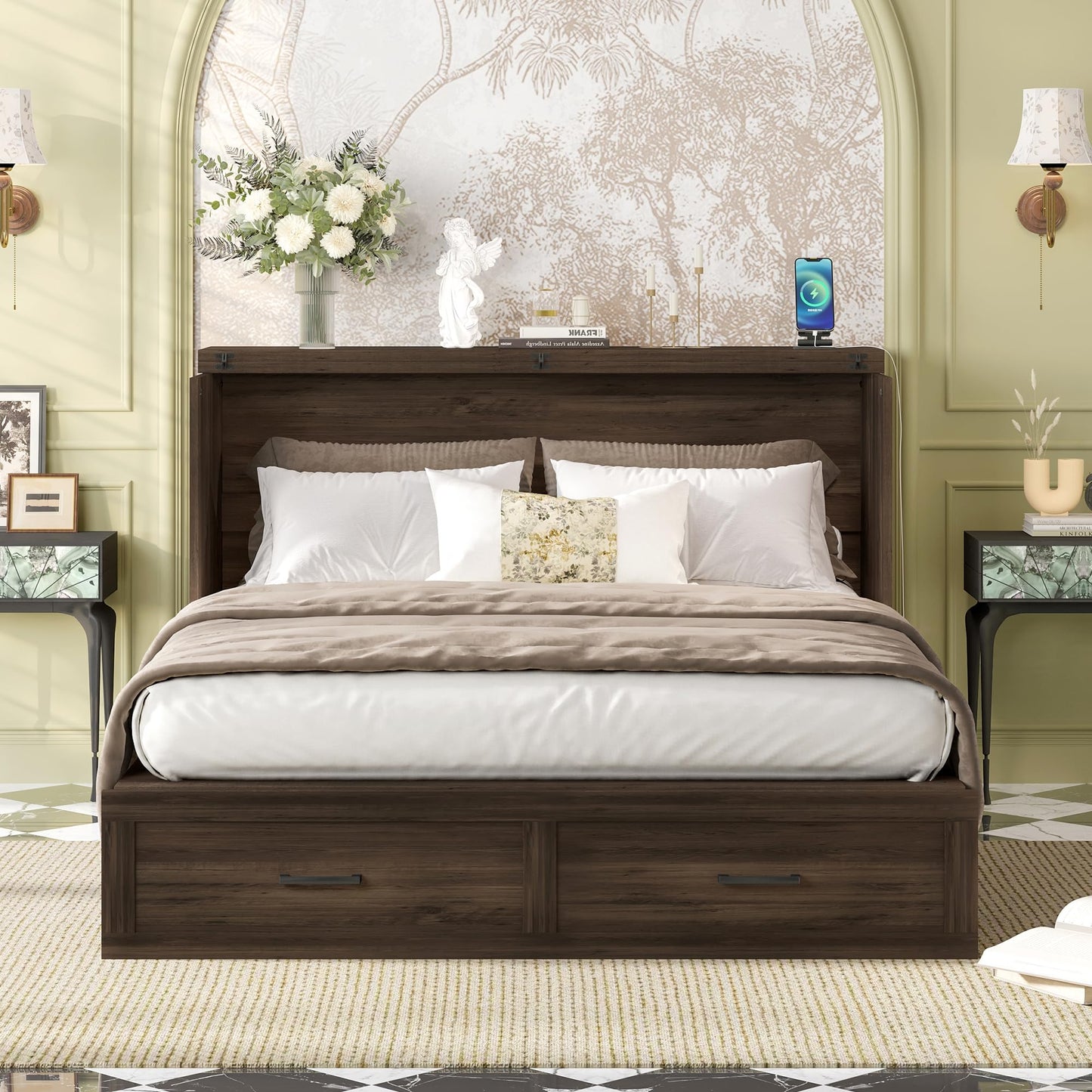Bellemave Queen Murphy Bed, Cabinet Bed with Charging Station and Storage, Farmhouse Murphy Cabinet with Foldable Panel, Noisy Free, for Guest Bedroom, Living Room, Office, Rustic Gray