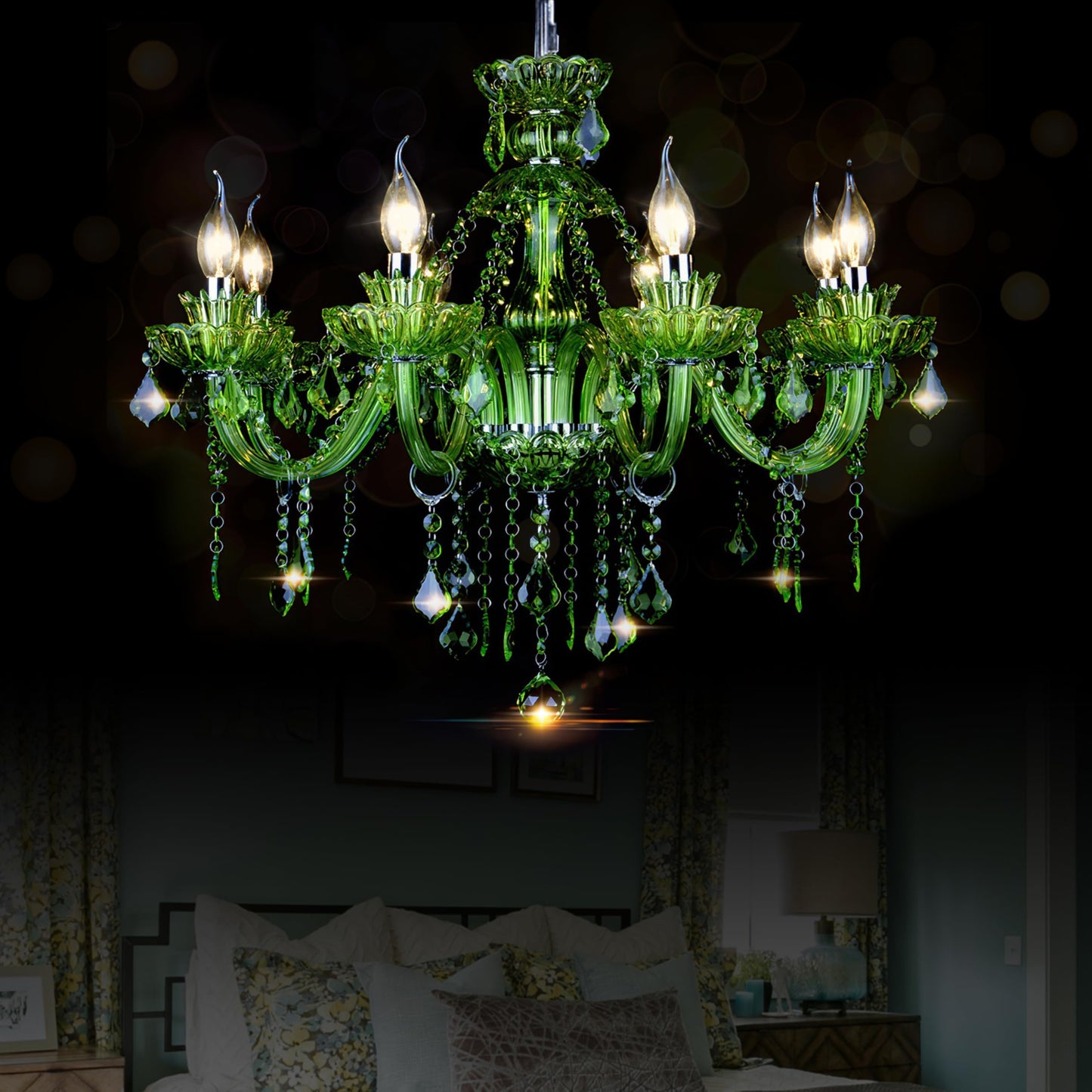 Bagood 8 Lights Green K9 Crystal Candle Chandeliers Lighting Modern Pendant Lights Candle Chandelier Lighting for Dining Living Room Bedroom Entry Elegant Decoration E12 Base, H22.8 x W27.2 Inch